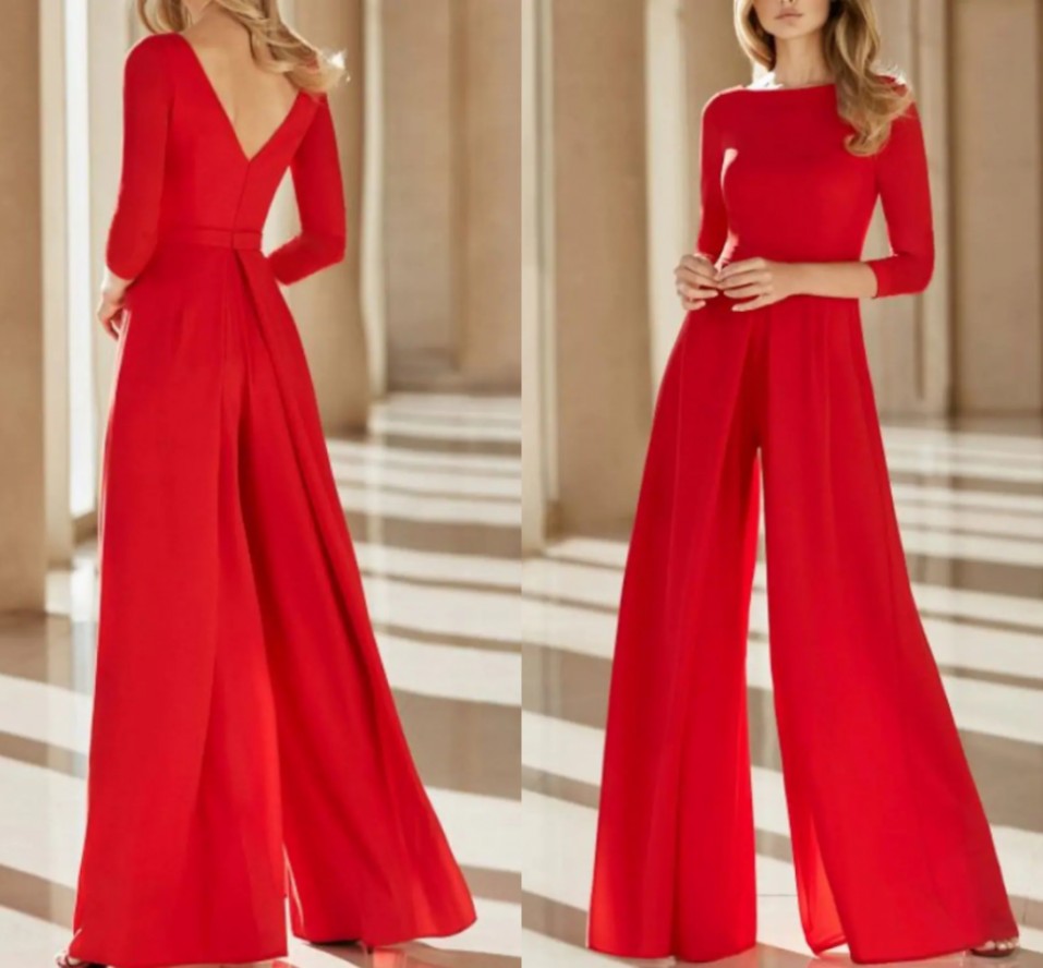 Red Jumpsuits Open Back Evening Dress 2022 Jewel Neck Floor Length Chiffon Prom Formal Gown Robes De Soirée Vestidos