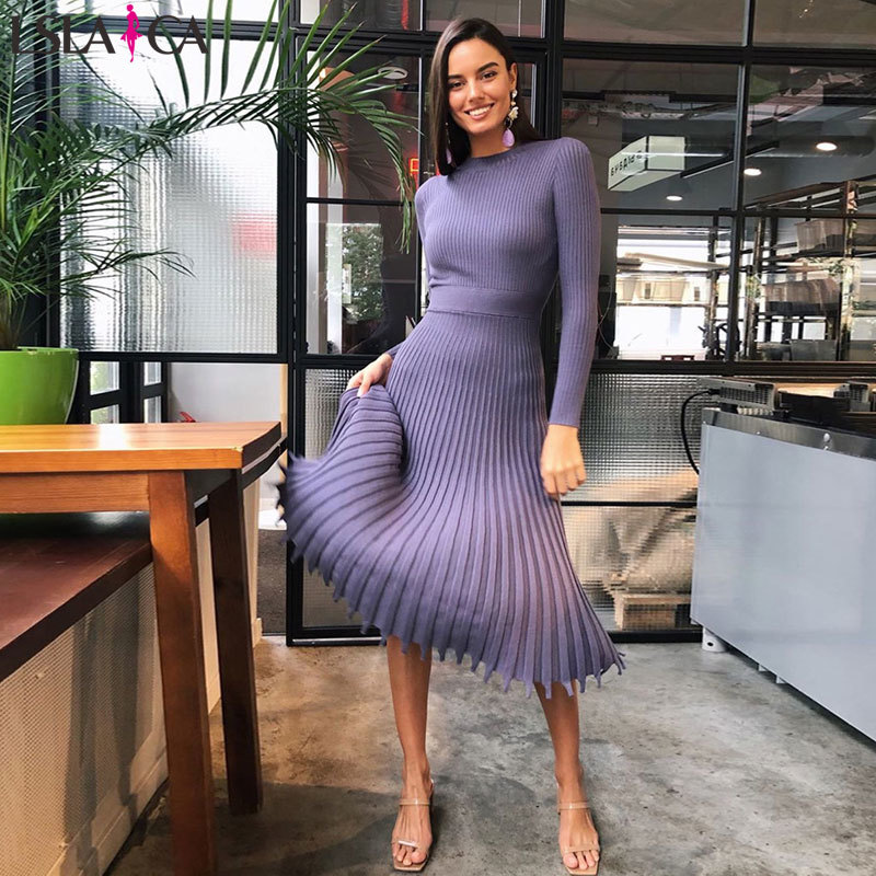 Lslaica dress women fashion sale midi sweater solid color casual O-neck long sleeve slim high waist for 210515