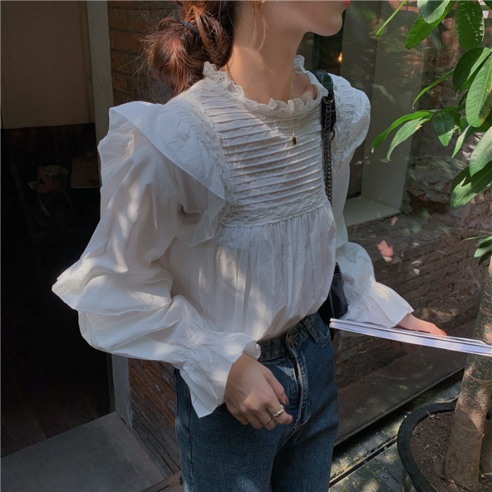 Nomikuma Sweet Ruffle Women Blouse Korean Pleated Flare Long Sleeve Shirt Autumn New Stand Neck Pullover Blusas Mujer 6C752 210427
