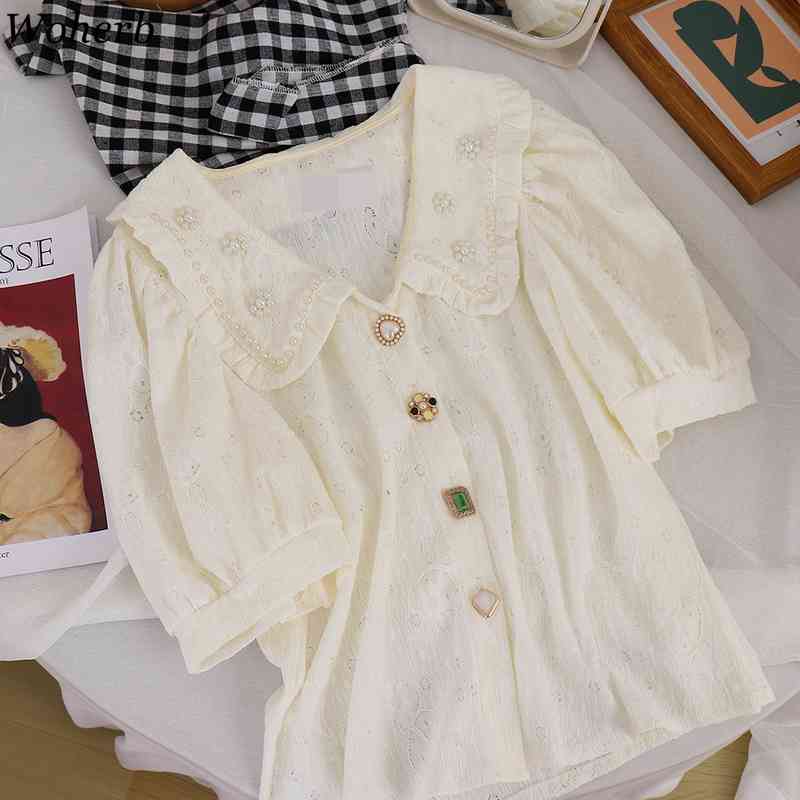 Korean Blusas Mujer Beading Peter Pan Collar Vintage Short Puff Sleeve Summer Blouses Women Tops Loose Kawaii Shirt Retro 210519