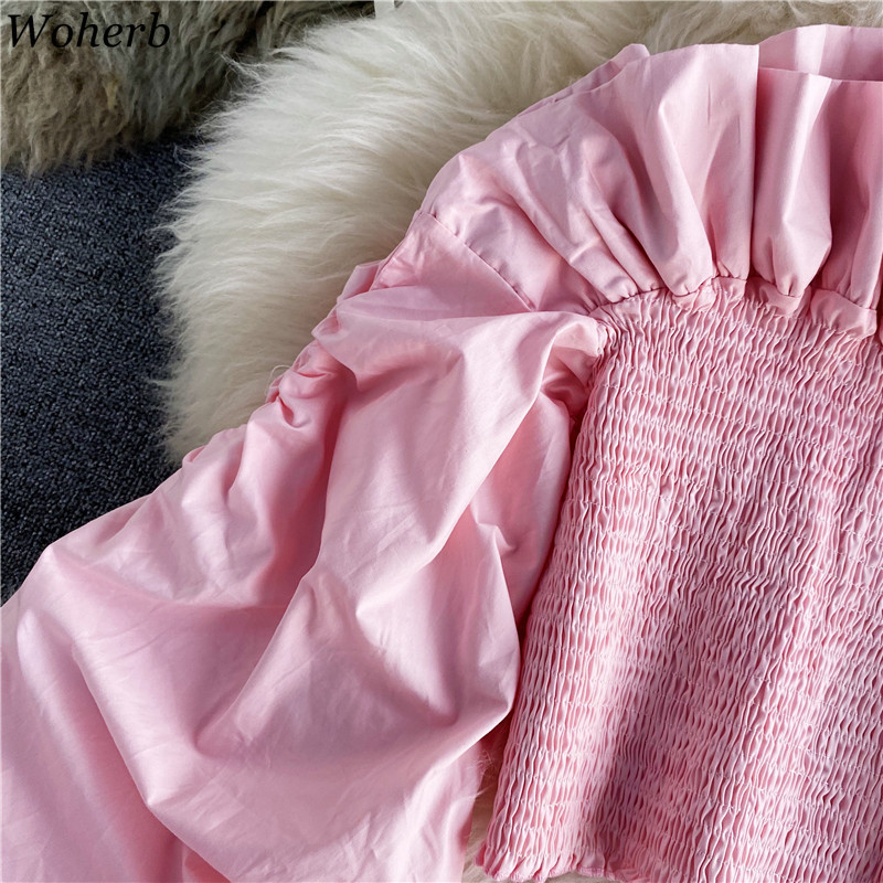Elegant Lantern Long-sleeved Shirt Female Summer Retro Solid Off Shoulder Short Top for Womens Vintage 210519