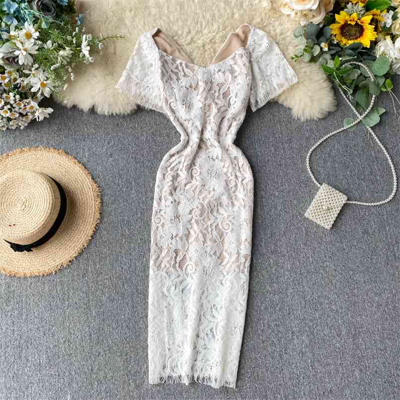 Women's Court Square Neck High Waist Thin Lace Dress Lady Short Sleeve Elegant Vintage Vestidos K328 210527
