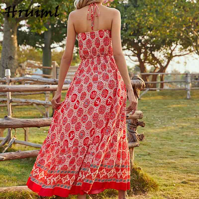 Women Dresses Bohemian Printing Sleeveless Backless Sling Dress Fashion Sale Ankle-Length A-Line Casual Vestiti Donna 210513