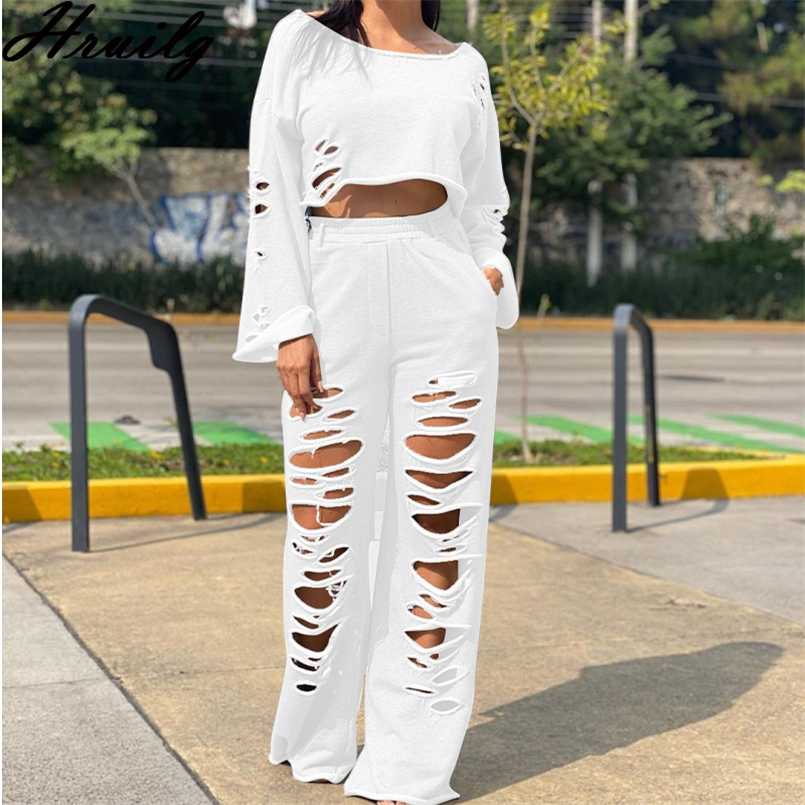 Clothes for Women Long Sleeve Solid Color Crop Top&long Pants Hole Pocket Casual 2 Piece Outfits for Women Streetwear 2 Pc 211007