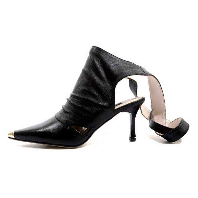 Summer fashion new pointed thin high heels women's shoes style Brown Sandals metal toe hollowed out sandals
