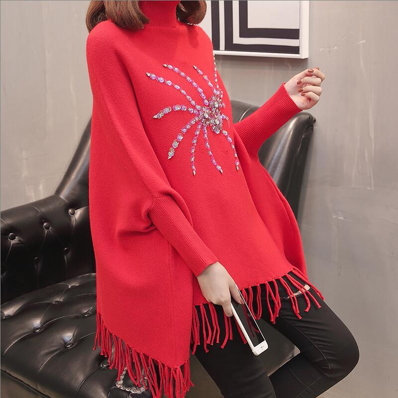 Fringed Sweater Bat Sleeves Autumn High Collar Cloak Shawl Loose Slim Women 210427