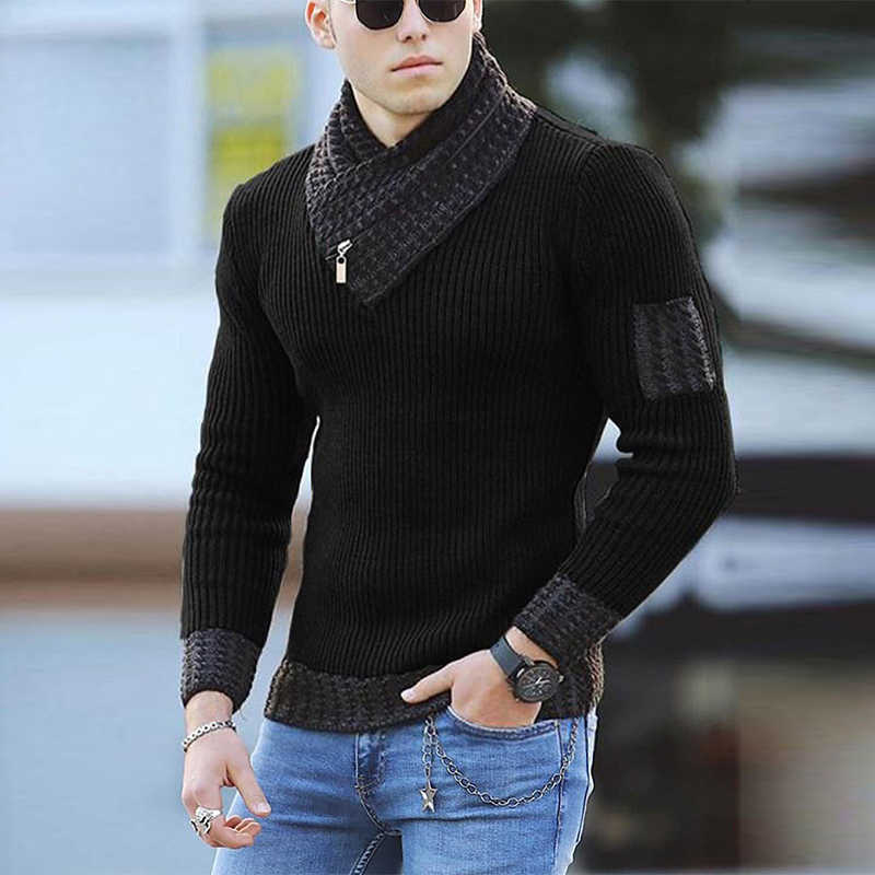 Casual Mens Slim Knit Sweater Autumn Winter Warm Turtleneck Jumpers Men Fashion Patchwork Long Sleeve Sweaters Streetwear 210929