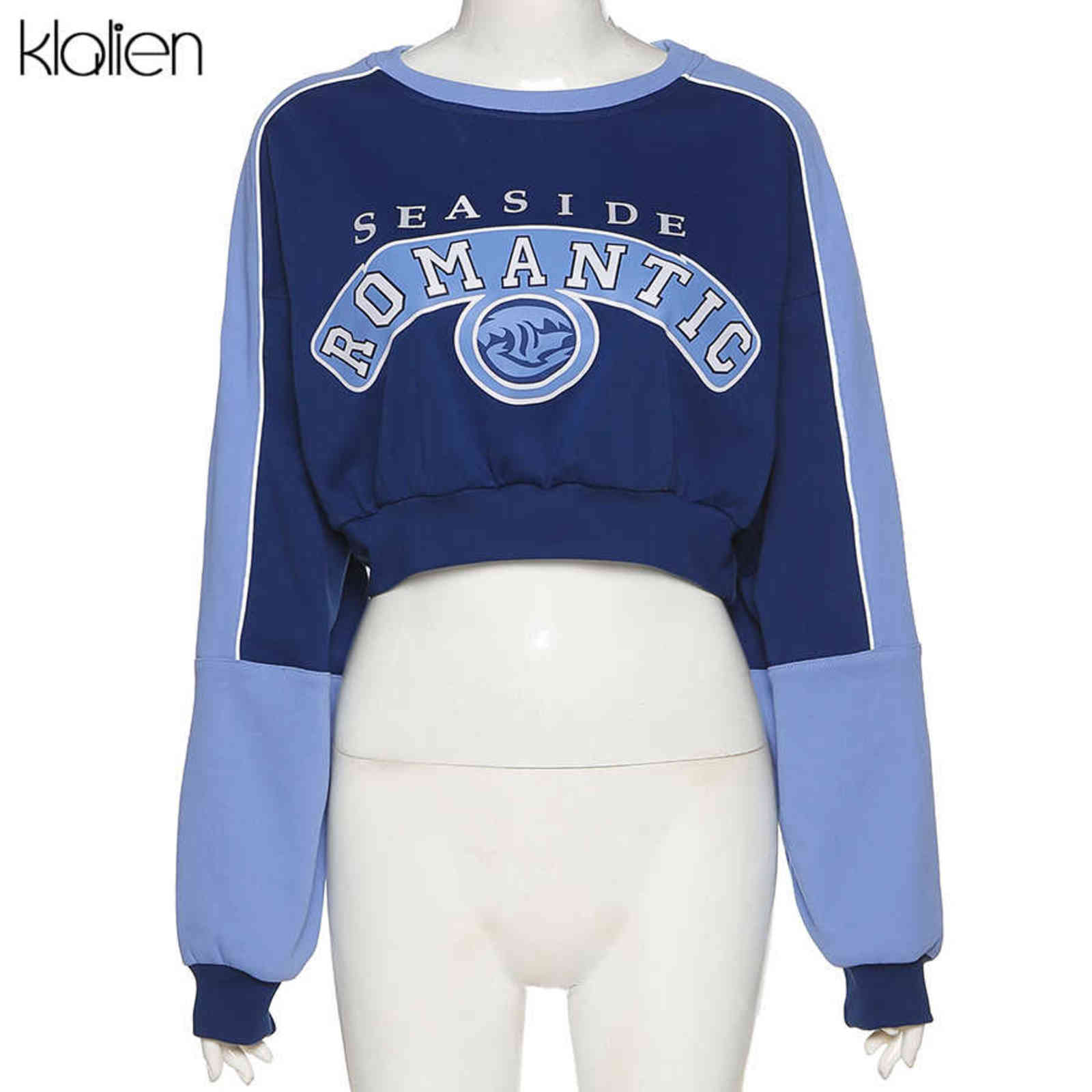 KLALIEN Fashion Print Letter Long Sleeve O neck Loose Pullovers Hoodie Autumn Casual Street Soft Cotton Wild Sweatshirt Lady 211109