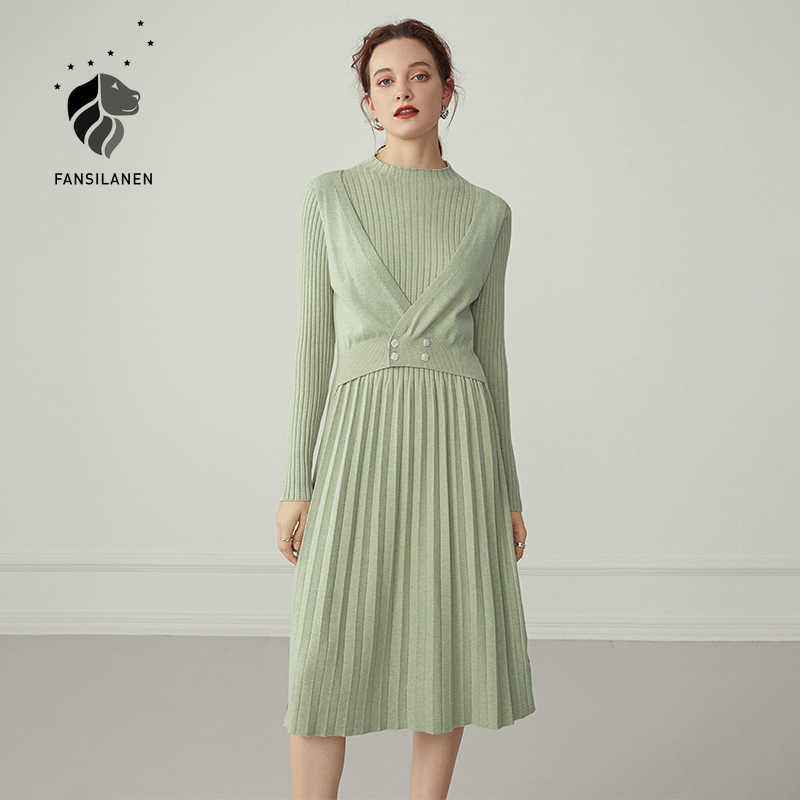 FANSILANEN Elegant pleated knitted sweater dress Women slim vintage long black Autumn winter office lady white 210607, Green
FANSILANEN Elegant pleated knitted sweater dress Women slim vintage long black Autumn winter office lady white 210607, Green