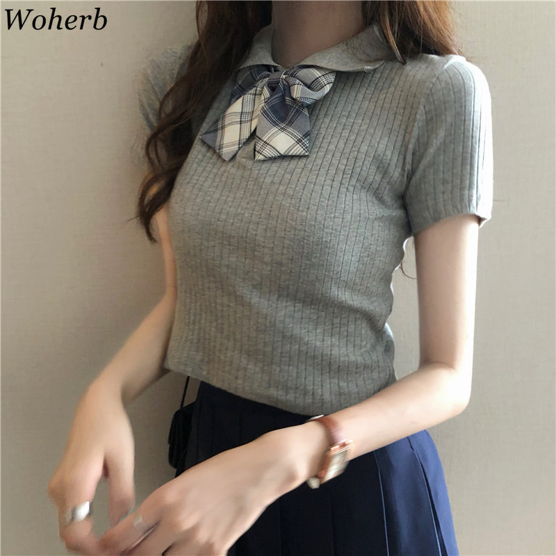 Summer Girls Sexy Crop Top T-shirt Bow Patch Kawaii Cute Tshirts Korean Women Slim Short Sleeve T Shirts Streetwear 210519