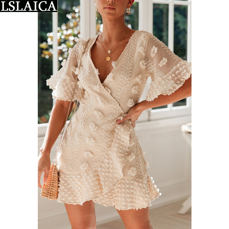 Elegant dress women short sleeve white bandage slim fashion Deep V-neck sexy ruffles mini office party for 210515