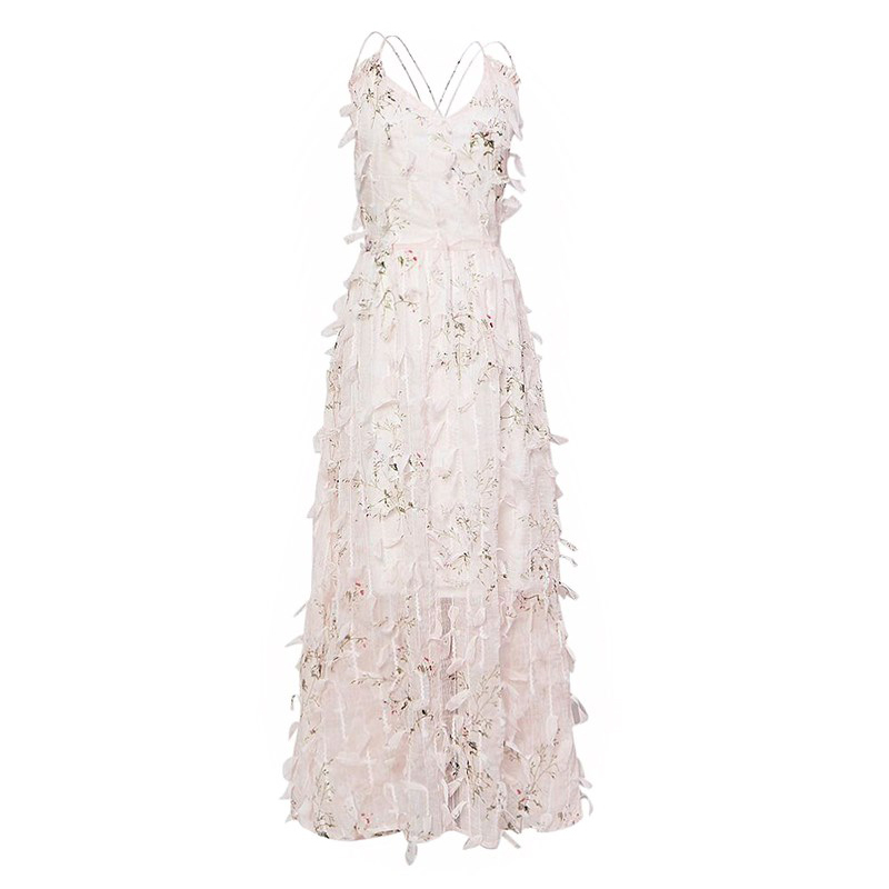 Sling Sleeveless V Neck Floral Flower Print A-line Feather Tassel Midi Dress Pink Summer Beach Vocation Elegant D0975 210514