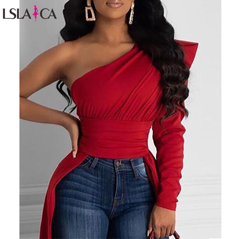 Fashion Women Blouses One Shoulder Puff Sleeve Irregular Elegant Solid Color Female Tops Short Front Long Back Autumn 210515