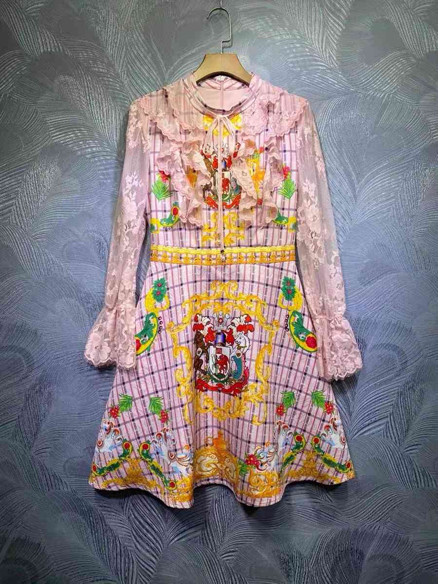 spring summer lace long sleeve pink mini A-line dresses for women cute printed bow plaid dress vestidos mulher 210421