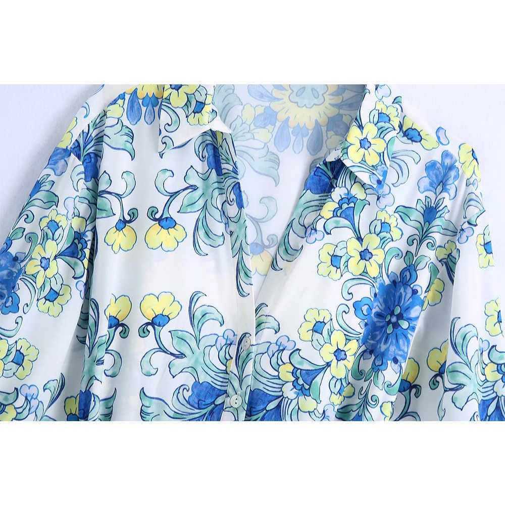 Summer Floral Shirt Dress Women Belted Vintage Casual Fashion Chic Lady Midi Dress Women 210709