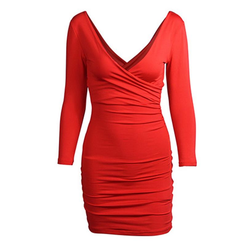 Bodycon Dresses Sexy Women Long Sleeve V-neck Dress Black Skinny Elastic Party Clubwear Evening Vestidos Casual