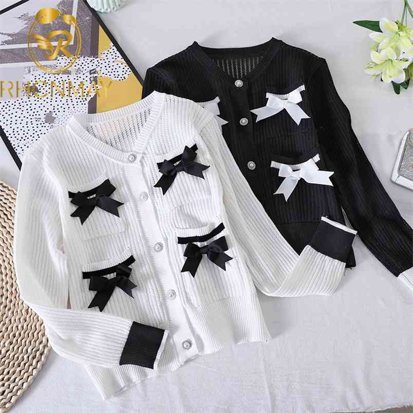 Fashion Elegant Summer Korean Sweater Knitted Cardigan Women's Short Bow Pocket Jacket 210506