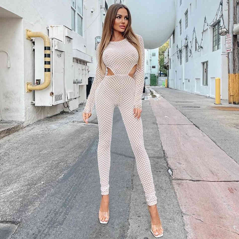 Spring Women Hollow Out Apricot Fashion Jumpsuits Sexy Long Sleeve & Full Pants Club Bodysuits Rompers 210423