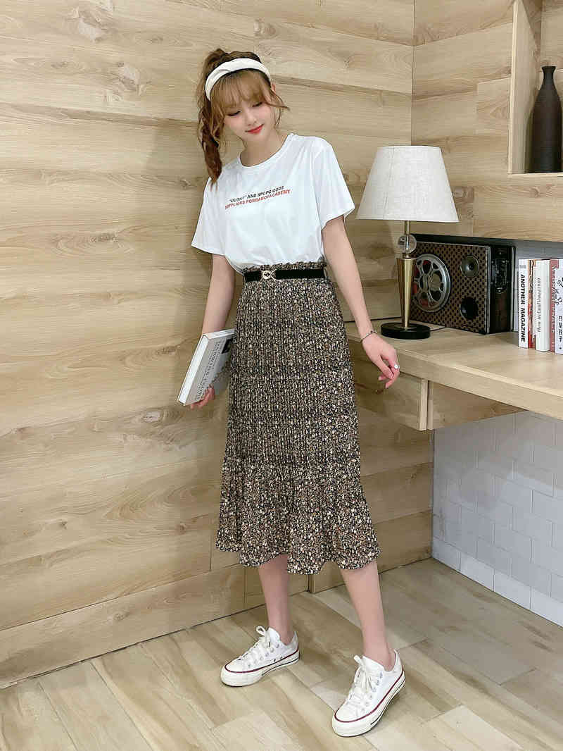 Women floral printed skirts A-line Pleated Long with belt Skirt Femme High Waisted Runway Soft chiffon Skirts Womens Jupe 210524