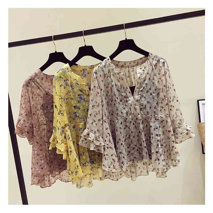 blusas mujer de moda womens clothing print chiffon blouse short sleeves shirts Two-piece Suite 4612 50 210506