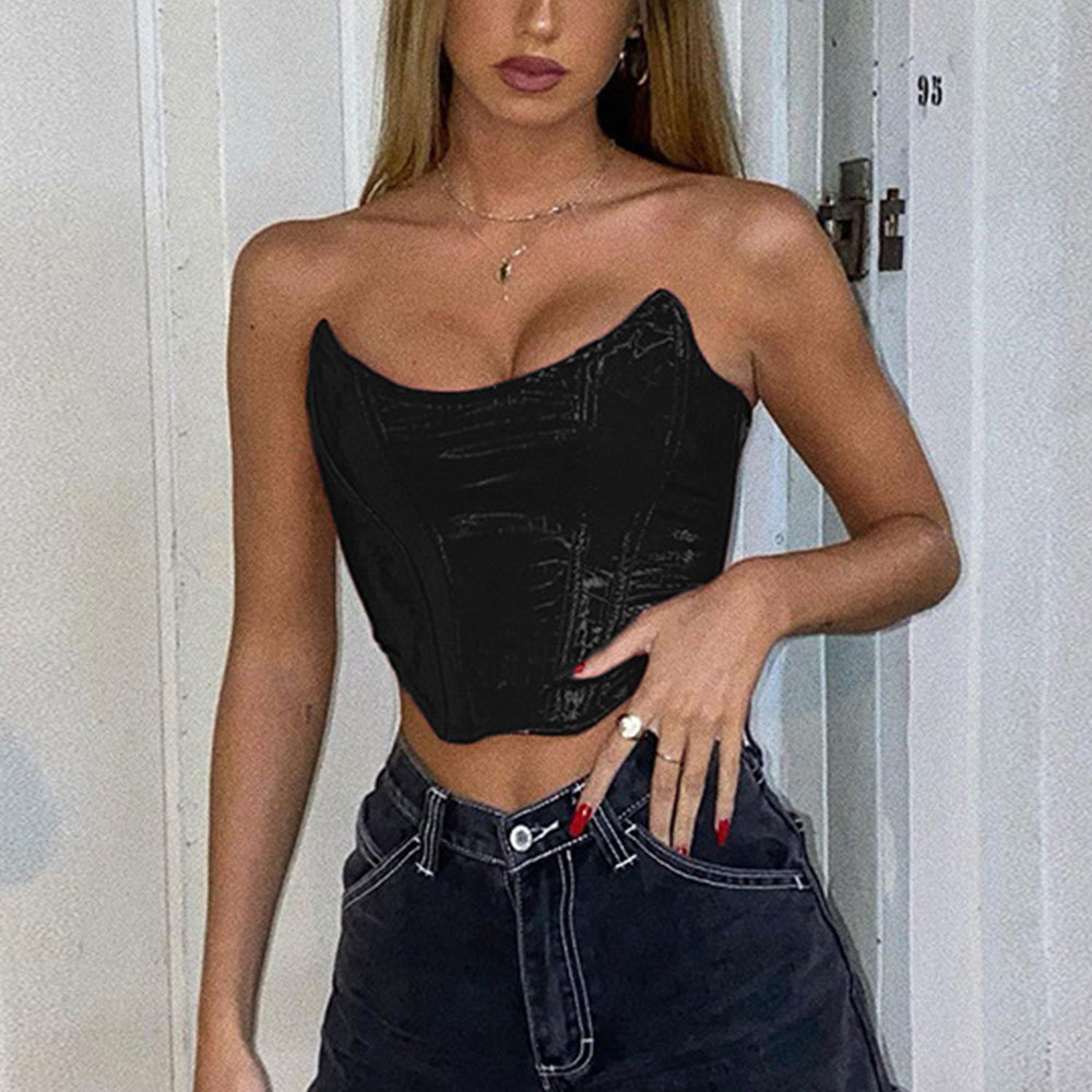 Women Sexy Sleeveless Crocodile Pattern PU Leather Tank Elegant Vintage Off shoulder Tube Top All-match Crop Tops 210428