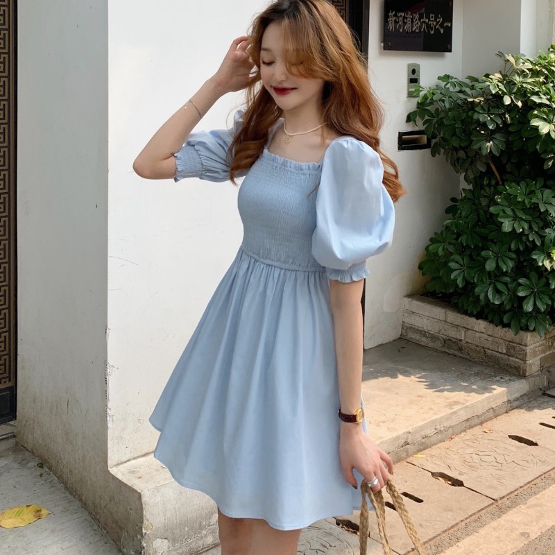 Summer Women Elegant Puff Sleeve Korean Style Sweet Dress Vintage Chiffon High Waist Casual Slim Party Female Vestido 210519