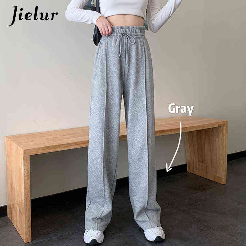 Jielur High-waisted Pants Drawstring M-XL Wide Leg Women Cool Black White Casual Harajuku BF Sweatpants Trousers 211115