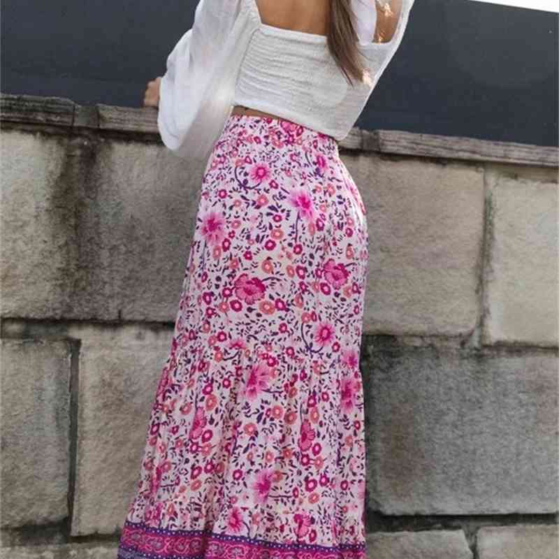 Bohemia Pink Floral print Cotton Maxi Long Skirt BOHO Hippie Women Elastic High Waist Spliced Ruched pleated Skirts Holiday 210429