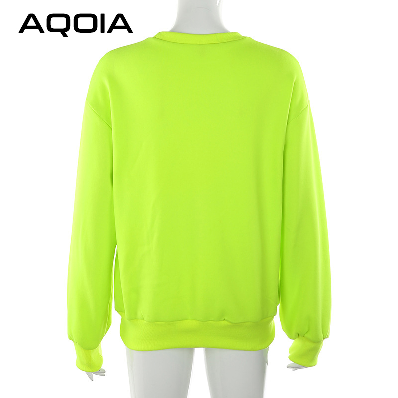 AQOIA Harajuku O-Neck Long sleeved Loose Letter Fluorescent Green Sweatshirt Women Autumn Winter Thick Pullover Clothing 210521