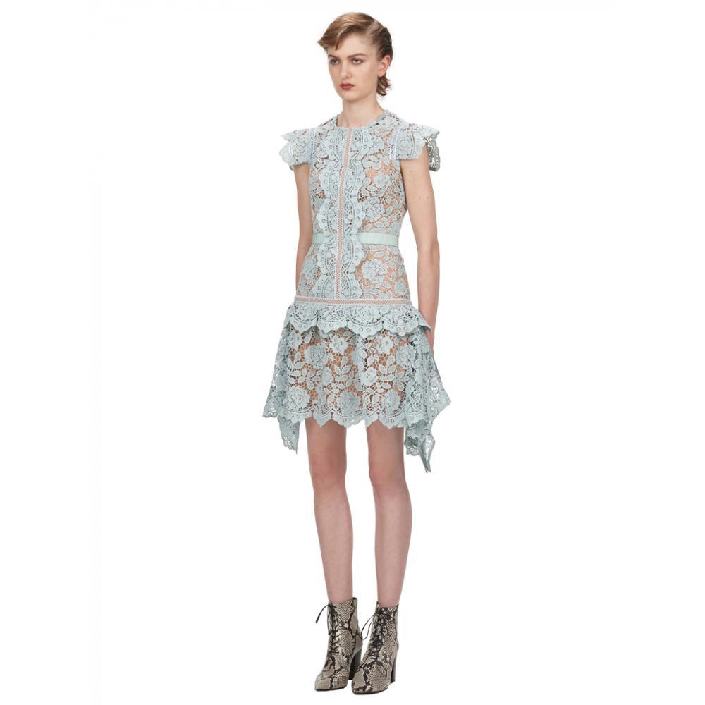 Summer Elegant Blue Lace Irregular Ruffles Mini Party Dress Women Runway O-neck Short Sleeve Floral Hollow Out Slim 210506