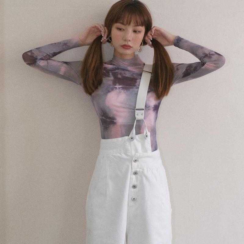 Yedinas Tie Dye E Girl Pink Mesh Top Long Sleeve T Shirt Women Turtleneck Back Zipper See Through Tshirt Y2k Aesthetic Tee 210527