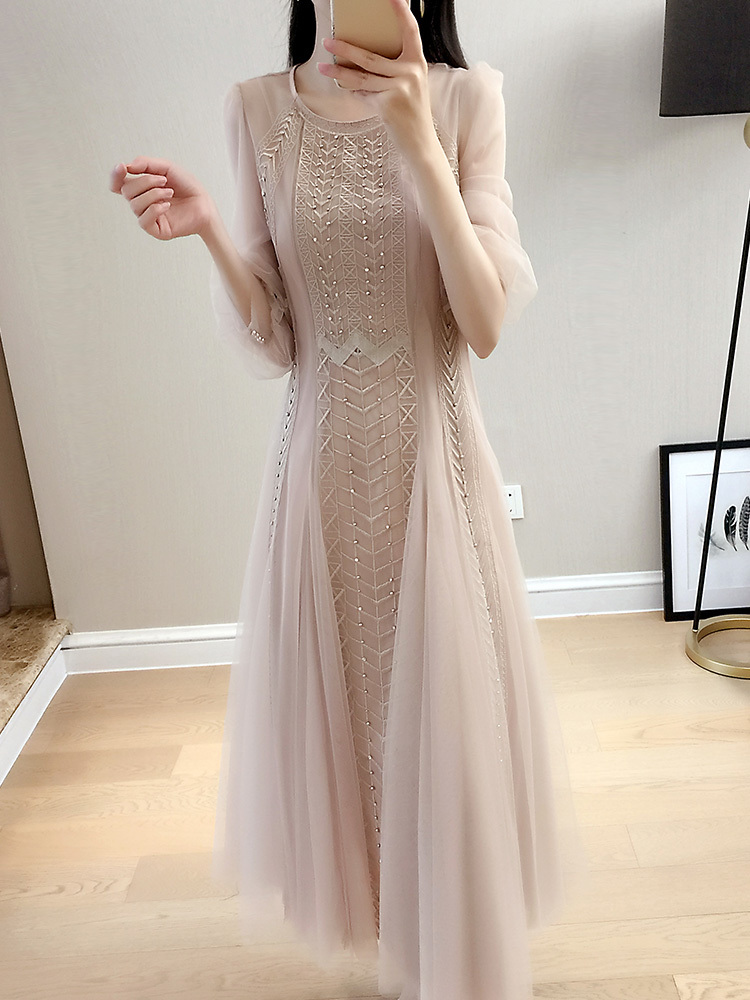 Spring Fashion Women Office Lady Mesh O-Neck A-line Dress Female Elegant High Waist Casual Midi Long Vestidos 210519
