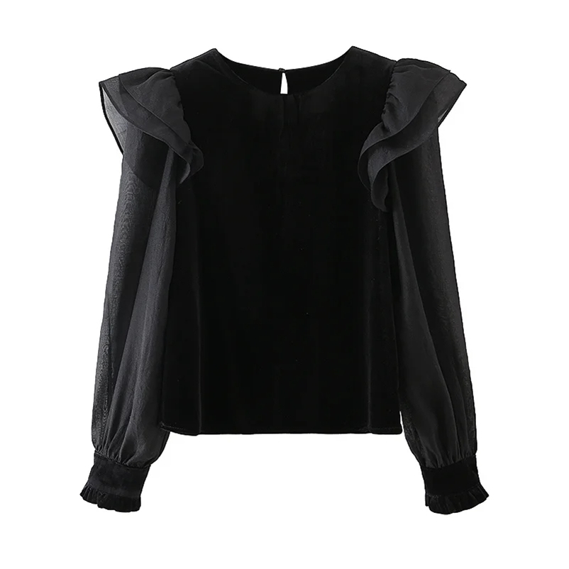 Summer 100% Polyester Velvet O-Neck Straight Black Solid Beading Ruffles Casual Pullover Women Blouse 210524
Summer 100% Polyester Velvet O-Neck Straight Black Solid Beading Ruffles Casual Pullover Women Blouse 210524