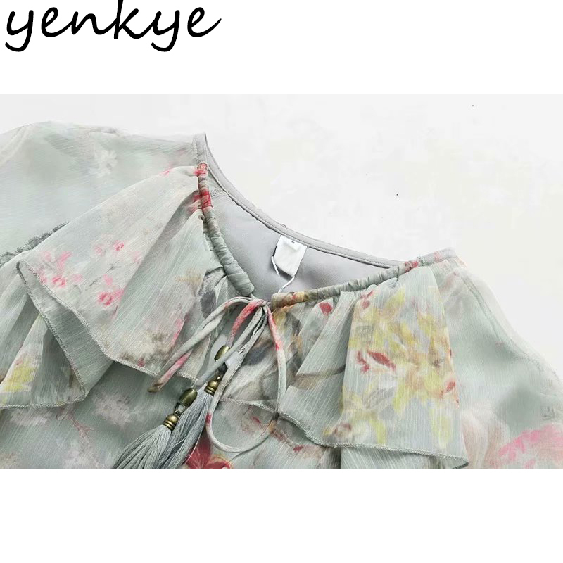 Floral Print Ruffle Jumpsuit Women Long Sleeve Drawstring Waist Holiday Boho Beach Romper Short Summer Playsuit 210430