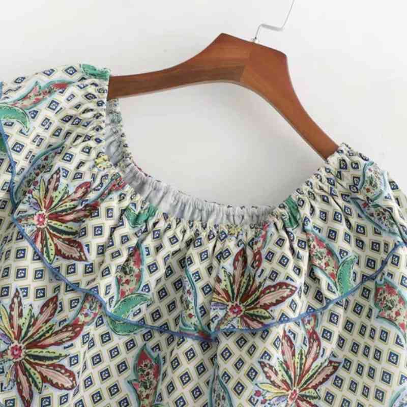 Women Slash Neck Cascading Ruffle Printed Shirt Smock Female Blouse Tops Summer Blusas Mujer S5786 210430