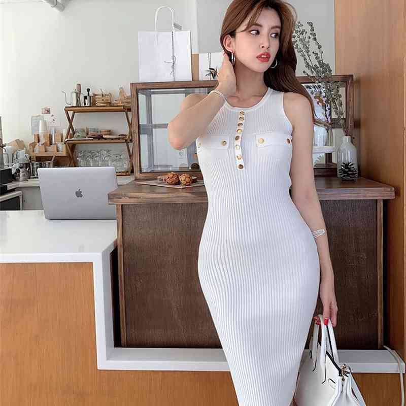 Women white Button O Neck Sheath Stretchy Knit Dress Vestidoes Woman sleeveless Slim Dresses 210519