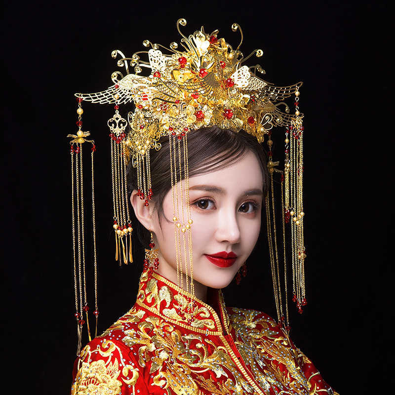 HIMSTORY Classical Chinese Wedding Phoenix Queen Coronet Crown Brides Gold Hair Jewelry Accessories Tassel Wedding Hairwear H0827