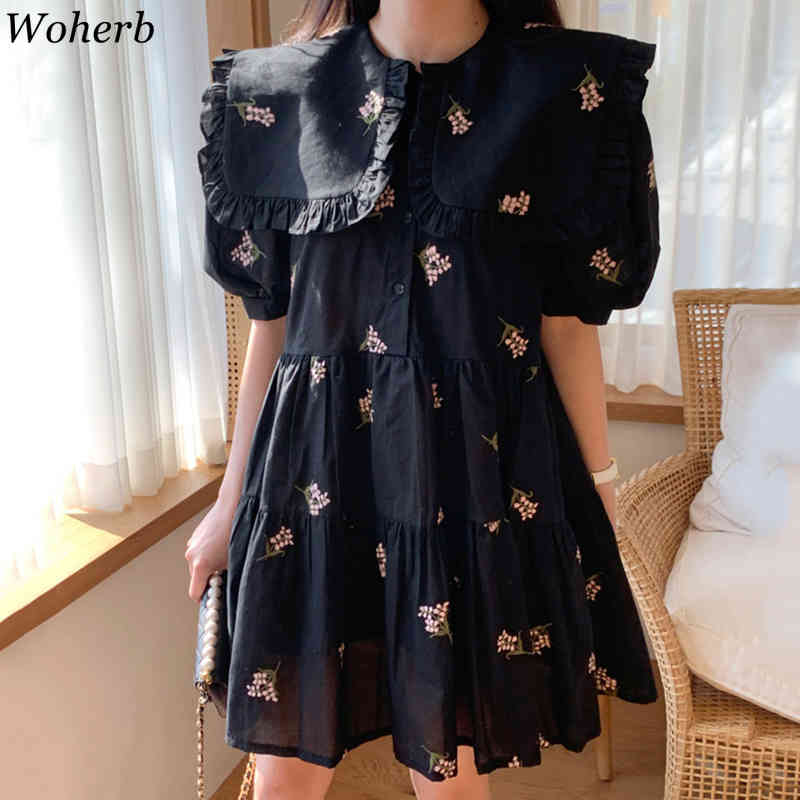 Sweet Women Dress Summer Korean Big Turn Down Collar Vestidos Embroidered Floral Single Breasted Kawaii Dresses 210519