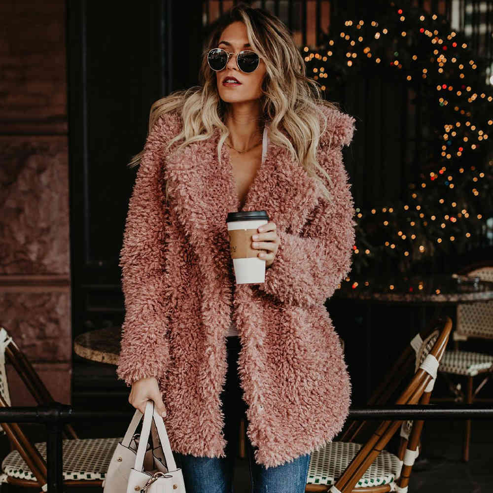 Elegant Faux Fur Coat Puls Size Plush Jackets Europe Style Overcoat Women Winter Casual Long Sleeve Cardigan Outwear 210428