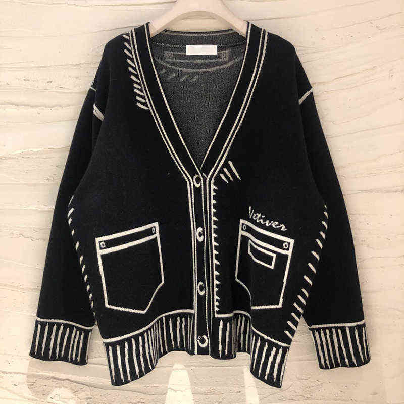 CHICEVER Casual Loose Sweaters For Women Print V Neck Long Sleeve Plus Size Elegant Cardigans Female Fashion Clothing Style 211123wtt