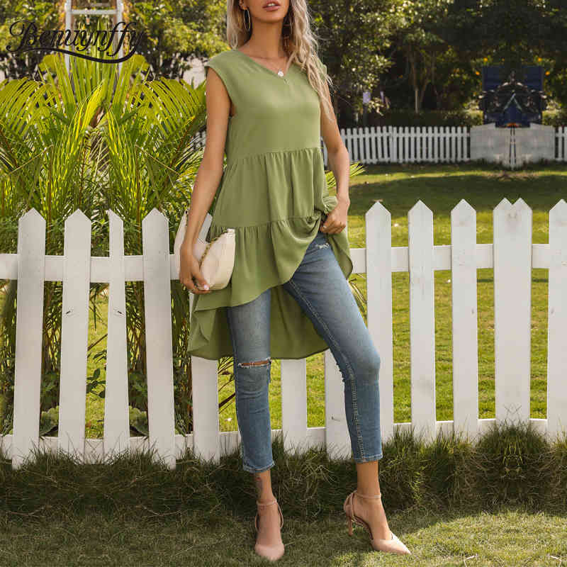 V-neck Solid Pleated High Low Tops Blouses Women Fashion Summer Sleeveless Female Loose Casual Long Blouse 210510