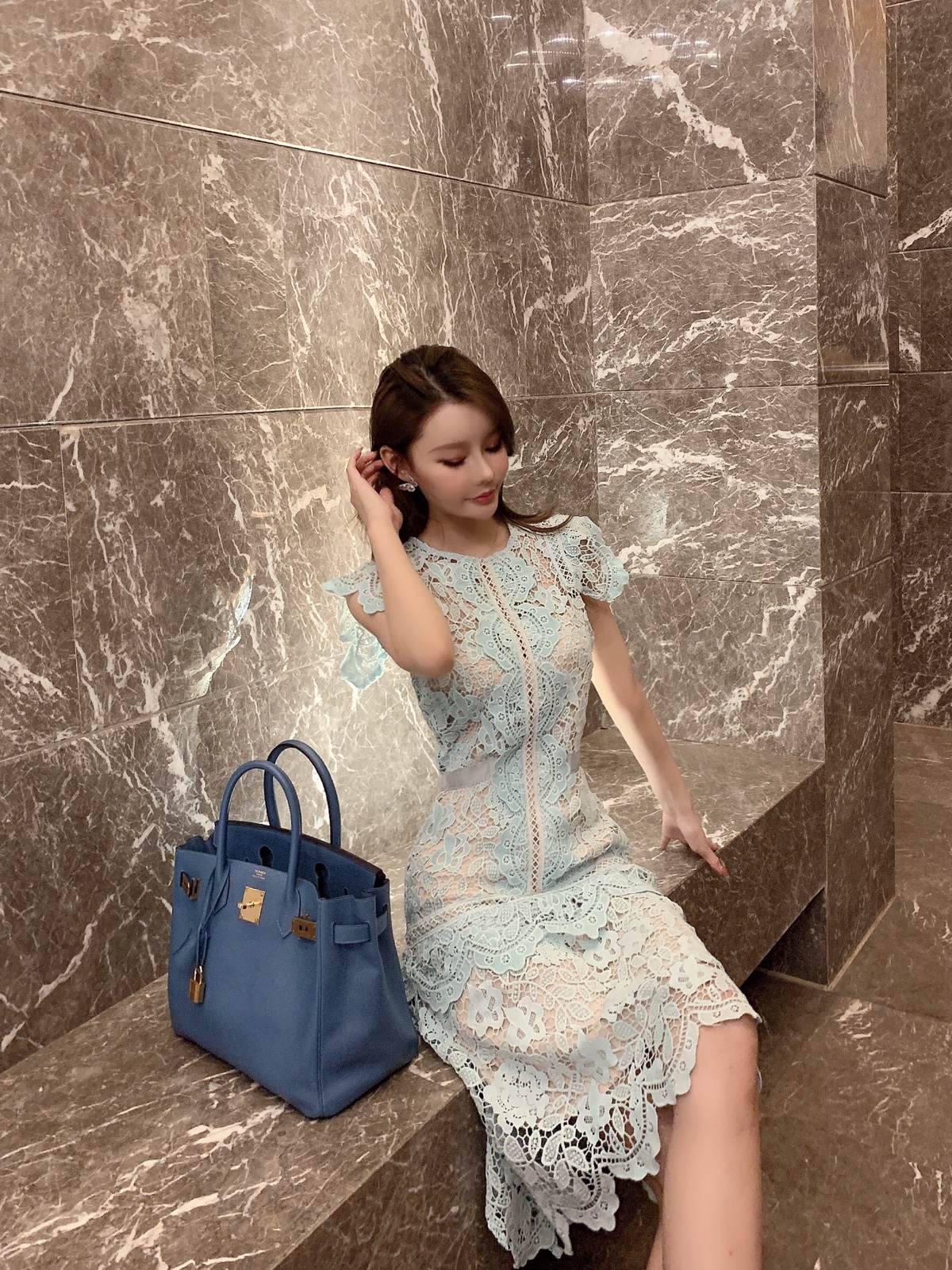 Summer fashion design womens sleeveless petal sleeve o-neck mingt green color hollow out lace slim waist asymmetric runway dress SML