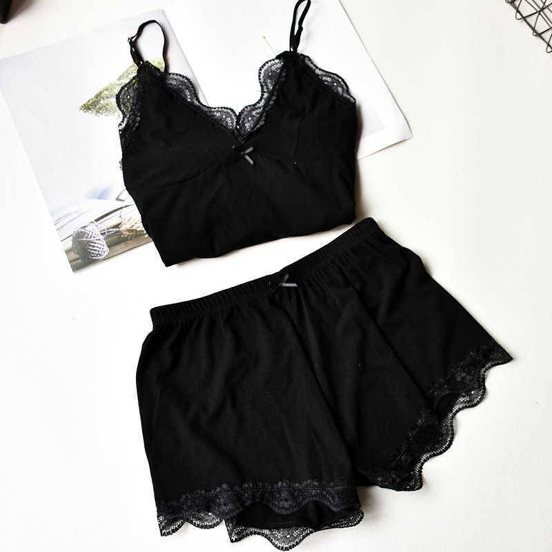 Two Piece Cotton Pajamas Set for Women Sexy Lace Top And Shorts Pajama Sets Spaghetti Strap Sleepwear High Elastic Woman Clothes 210924