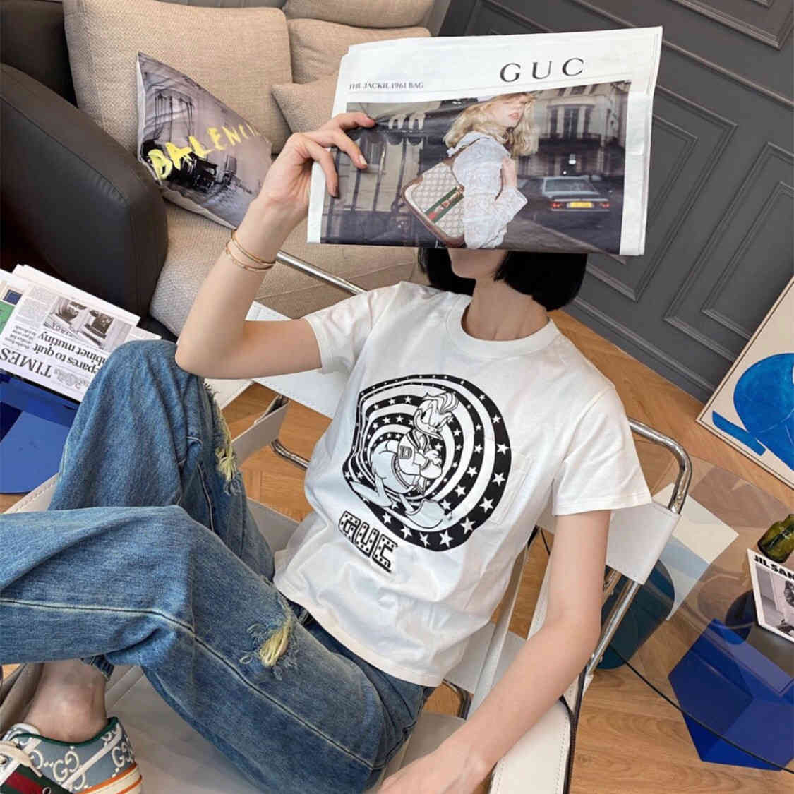 G family 2021 summer new short sleeve T-shirt for female duck, White
G family 2021 summer new short sleeve T-shirt for female duck, White