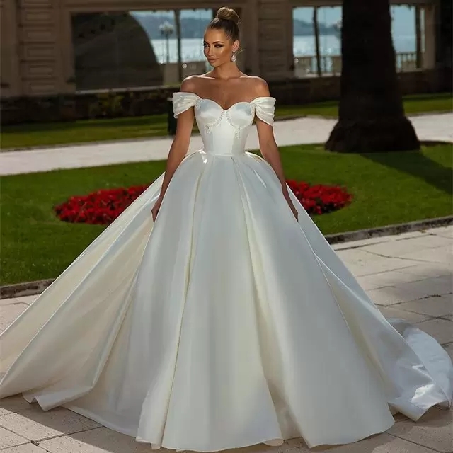 White Satin A-E Wedding Dress Off Shoulder Plus Size Sweep Train Bridal Gown 2024