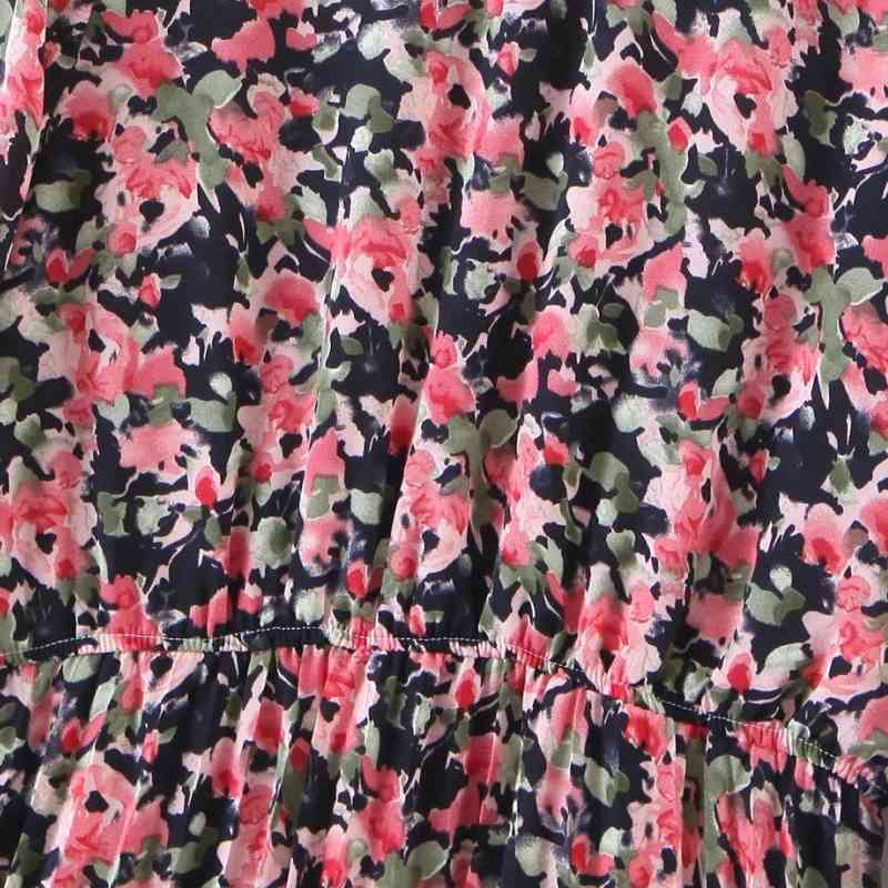 Summer Women Flower Printing Elastic Waist Midi Dress Female O Neck Three Quarter Sleeve Clothes Casual Lady Loose Vestido D7378 210430