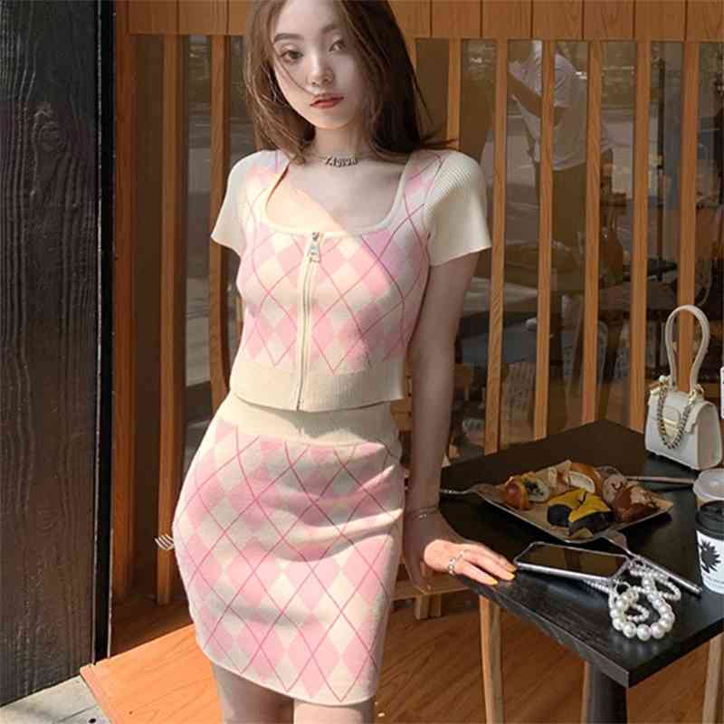 Summer Two-piece Set Women Plaid knit zipper Crop Top + Bodycon Mini Skirt Female Sweet Short Sleeve Outfit 210519
