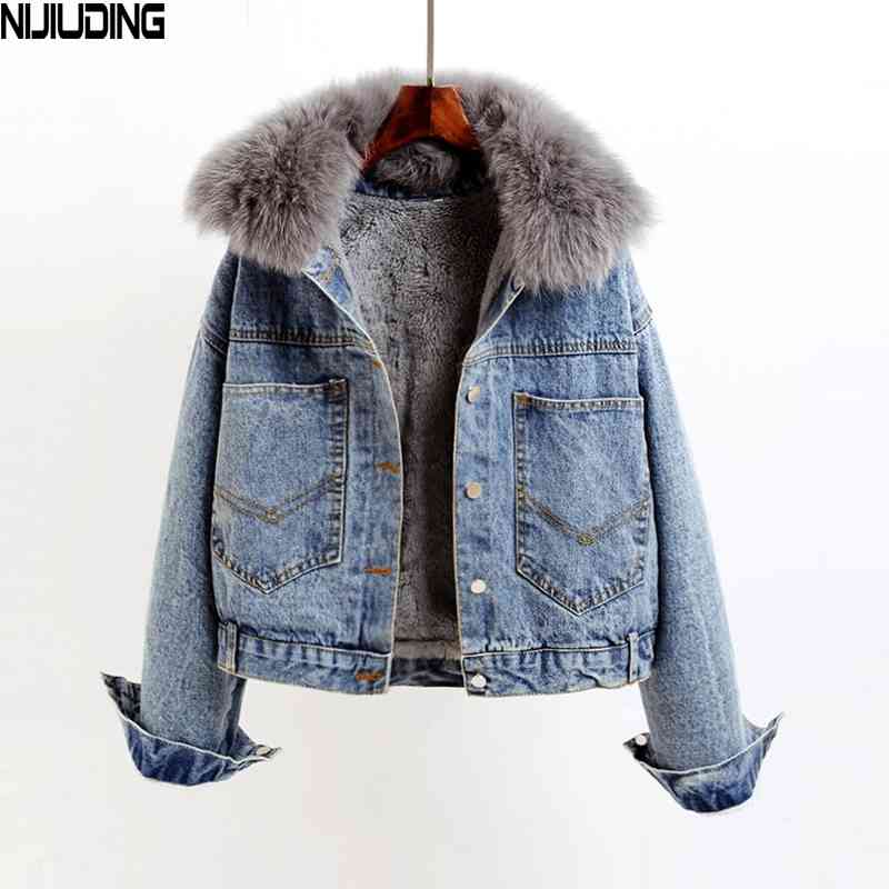 Winter Casual Solid Real Fur Collar Denim Jacket Female Loose Single Breasted Plus Velvet Thickened Parkas Women 210514