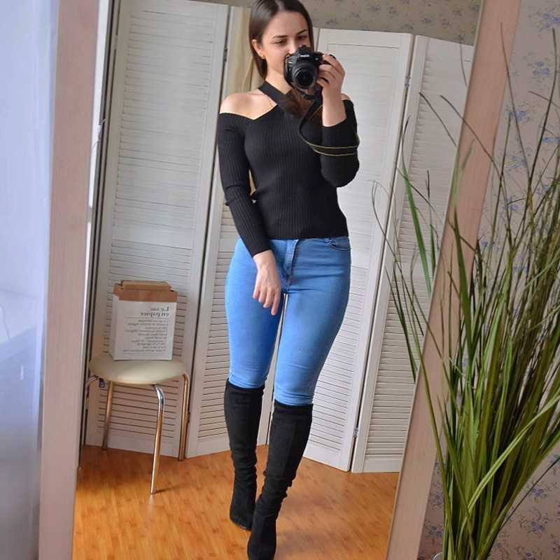 Yedinas Sexy Knitted Sweater Women Famale Off Shoulder Tops Harajuku Sweaters Korean Women'S Pullovers Ladies Short Jumper 210527