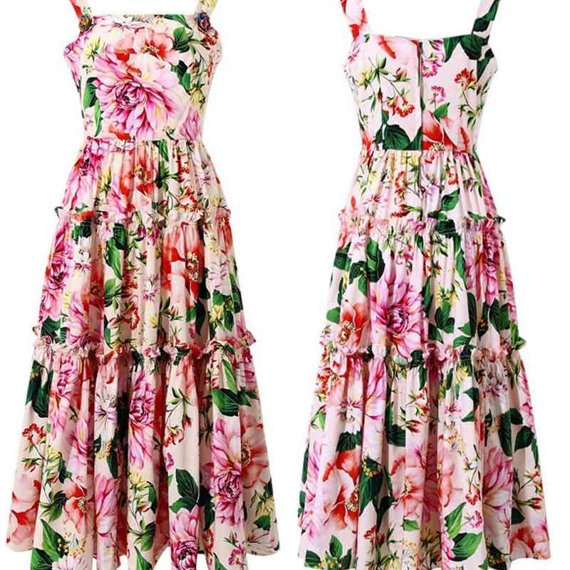 Runway Fashion Summer Floral Print Spaghetti Strap Dress Women's Sexy Backless Ruffles Petal Buttons Vintage Midi Dresses 210506